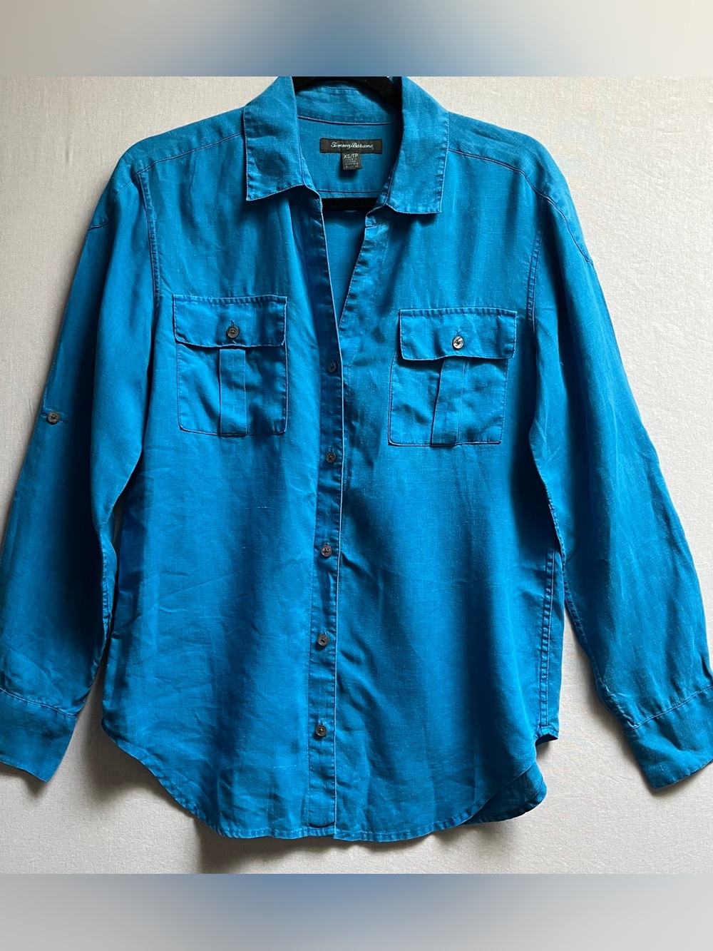 Tommy Bahama 100% Linen Turquoise Blue Long-Sleeve Button-Up Shirt Sz XS